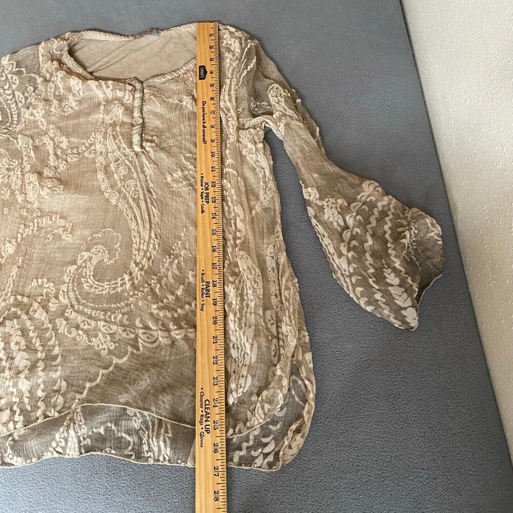 Scandal Italy Crepe Silk Womens Roll Sleeve Blouse S Tan Boho Floral Lagenlook - Picture 13 of 16